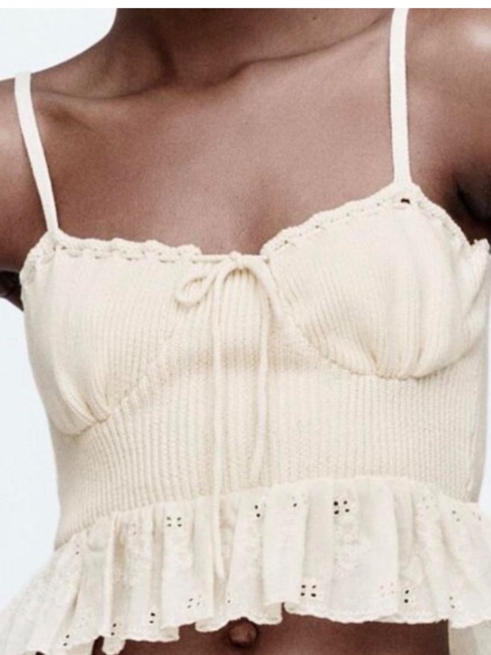 Zara Cream Lace-Trim Knit Peplum Camisole Small